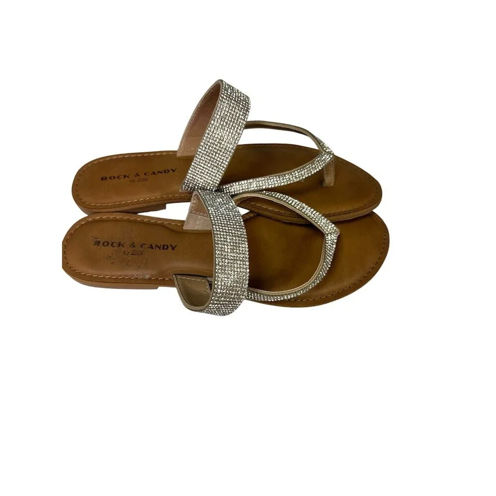Rock & Candy by Zigi Slide Sandals Womens 7.5 Beige/Tan Rhinestone Thong Flat